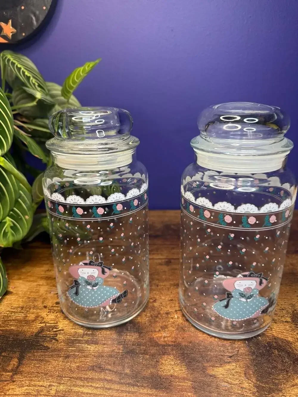 Vintage 1988 CHD Glass Canister Jars with Kitty Cat and Rose Design (Set of 2)